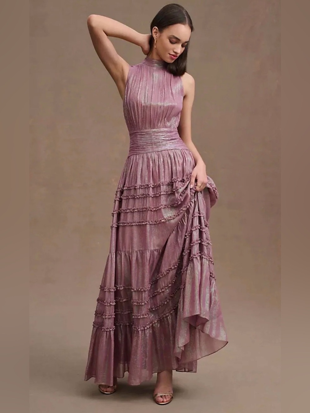 NEW BHLDN Juniper Tiered Backless High-Neck Gown Purple Metallic Size 10